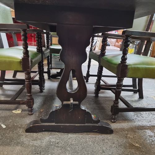 581 - A Large Wooden Antique refectory  Dining Table with a Set of 6 Stunning  Green Leather Dining Armcha... 