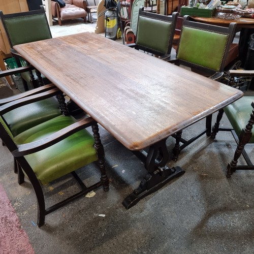 581 - A Large Wooden Antique refectory  Dining Table with a Set of 6 Stunning  Green Leather Dining Armcha... 