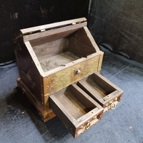 198 - Antique wooden box with brass rosettes and fixtures, two drawers with interesting locking system, ha... 