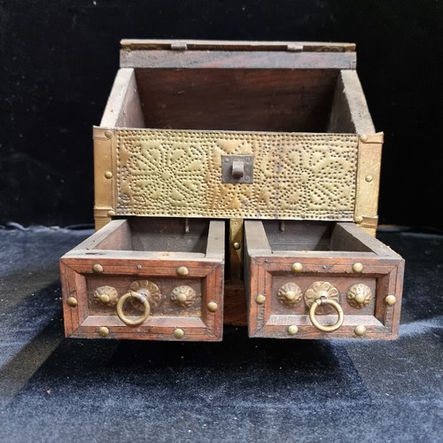 198 - Antique wooden box with brass rosettes and fixtures, two drawers with interesting locking system, ha... 