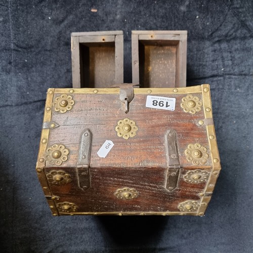 198 - Antique wooden box with brass rosettes and fixtures, two drawers with interesting locking system, ha... 