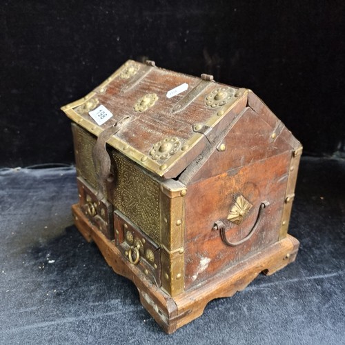 198 - Antique wooden box with brass rosettes and fixtures, two drawers with interesting locking system, ha... 