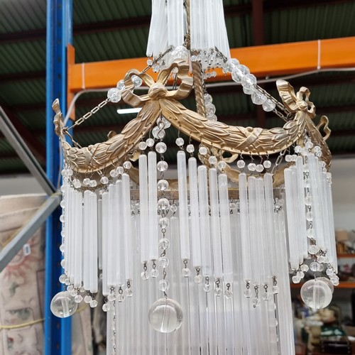 276 - Art Deco two tier crystal drop chandelier, with brass rails with wonderful wreath and bow design. gr... 