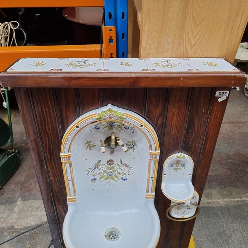 287 - Vintage Wooden back with hand painted porcelain sink set including sink, towel holder and soap holde... 