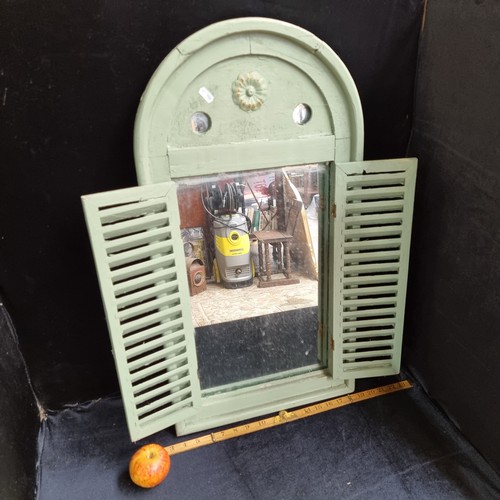 397 - Shutter-fronted wall mirror with wonderful rustic duck-egg frame.