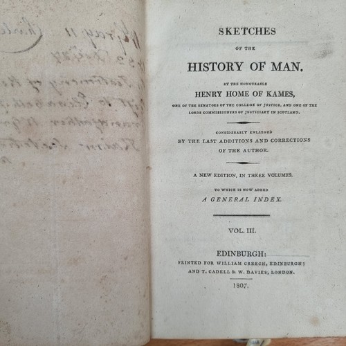 763 - Sketches of the History of Man, In three full  leather bound volumes Edinburgh 1807. (one cover is l... 