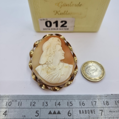 12 - A very nice example of a vintage very large 9 carat gold oval cameo brooch. Pin in working order, di... 