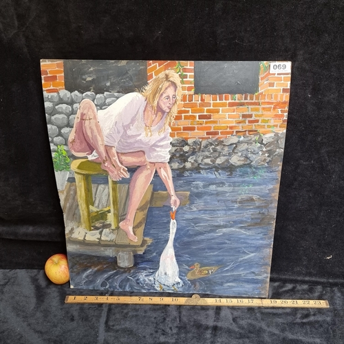 69 - Good sized original acrylic on board showing a woman feeding a swan. Vibrant colour and interesting ... 