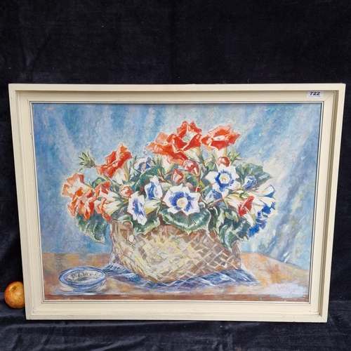 722 - A large, framed original oil-on-board still life of flowers. Signed bottom right by artist. Dated 19... 