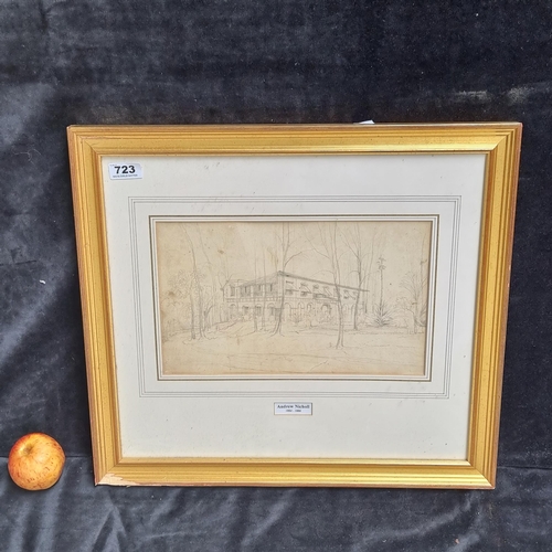 723 - Star Lot : A framed and mounted original antique graphite-on-paper impression of a building by artis... 