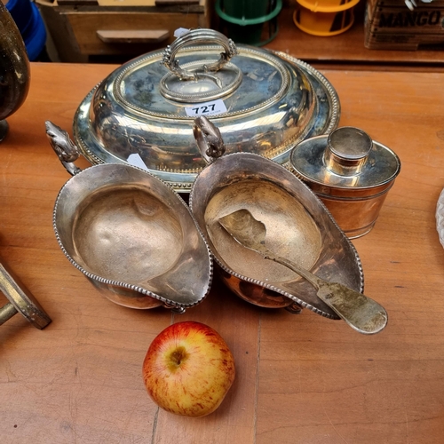 727 - A selection of five antique EPns items including a serving dish with a lid, two oversized gravy boat... 