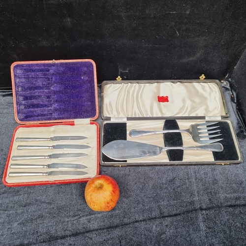 729 - Two leather hard-case cutlery sets including a Wood & Topham EPNS fish cutlery set. And solid silver... 