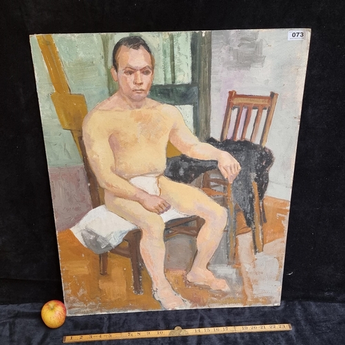 73 - Large original painting, acrylic on board, depicting a seated male nude, by contemporary artist Dait... 