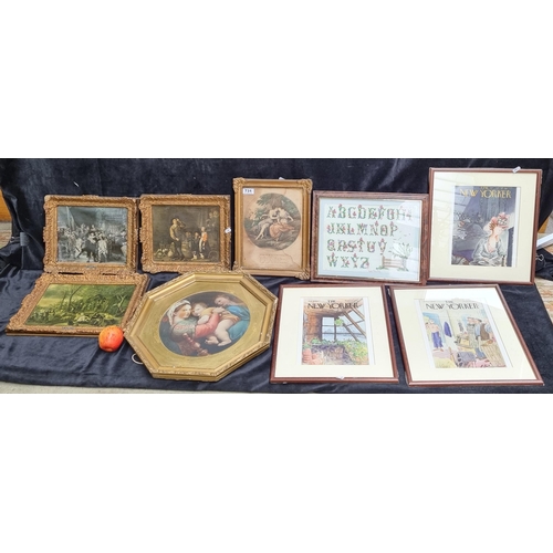 731 - Nine framed artworks including a number of New Yorker cover print illustrations and a cross-stitch s... 