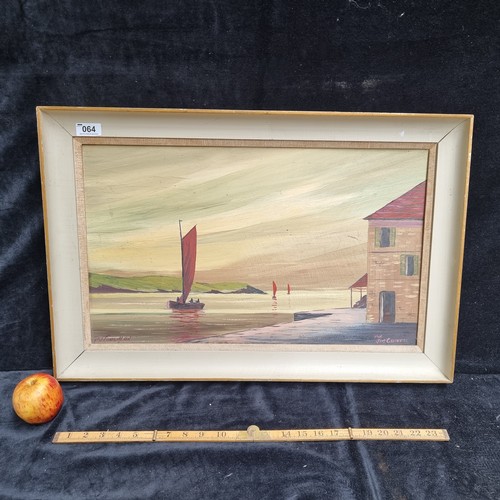 64 - Antique original Oil on board by P.J Coughlan of a lake scene. Painted for Jim Guiness. Lovely image... 