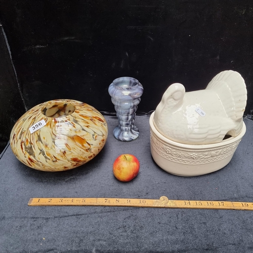 356 - Three vintage items including a lidded ceramic serving bowl in the form of a turkey and two art glas... 