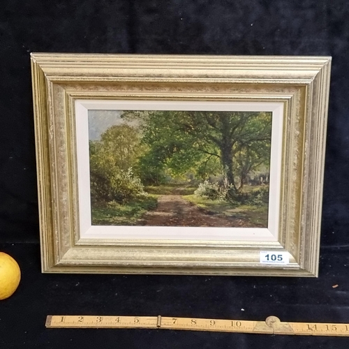 105 - Neat sized original oil on board. Beautiful quality painting showing a sunlit forest path. Unsigned ... 