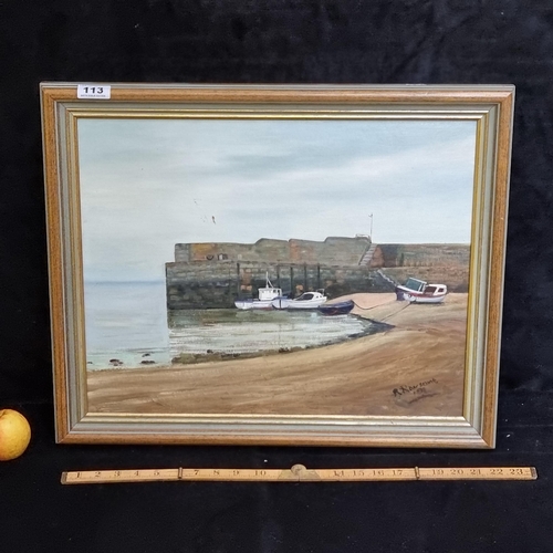 113 - Good sized original oil on board showing a harbour scene signed bottom right R Rowsome 1991