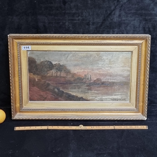 114 - Good sized original antique oil on canvas showing a sunset waterside scene with church. Signed botto... 