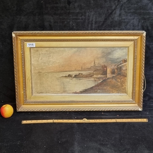 115 - Good sized original antique oil on canvas showing a sunset coastal scene . Signed bottom left, H Coo... 