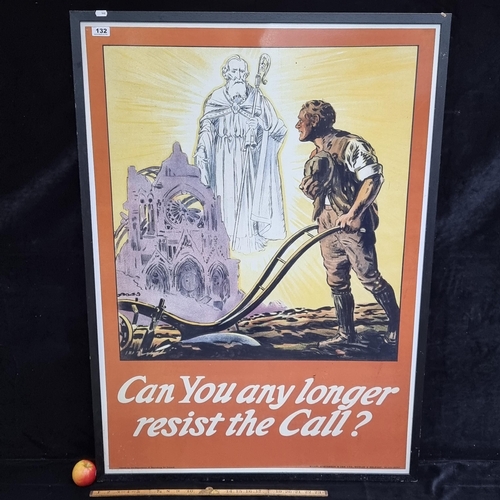 132 - Very large print of a WW1 era recruitment poster. Depicting an Irish farmer with a bombed Rheims Cat... 