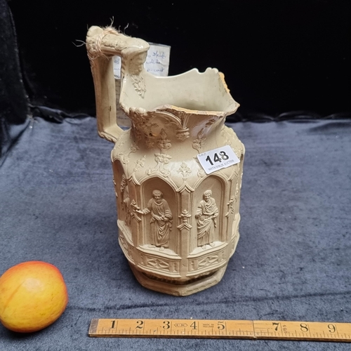 148 - A Charles Meigh of Hanley white un-glazed slip cast jug in the Gothic style (straight sides and hand... 