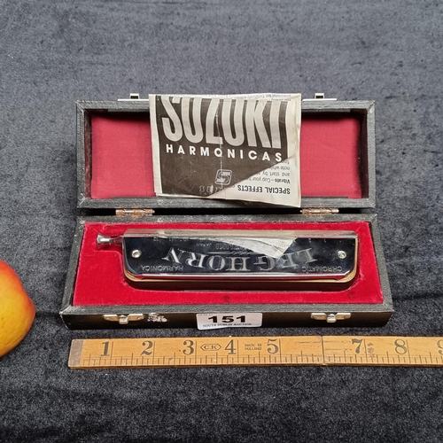 151 - A vintage Leg Horn Chromatic Harmonica made by Suzuki in original velvet lined hard case with playin... 