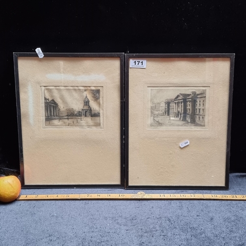 171 - Two antique framed etchings; one showing The Customs House Dublin, the other showing Trinity College... 