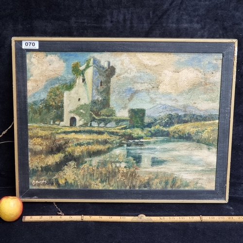 70 - Good sized original oil on board signed bottom left by artist P.J Murphy, showing castle ruins in an... 