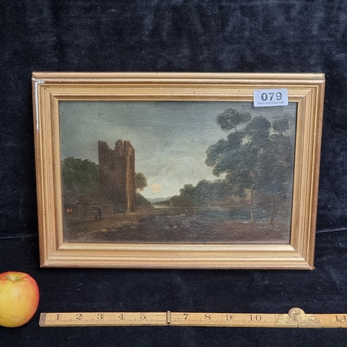 79 - Neat sized antique original oil on board showing moonlit castle scene, wonderful use of the medium.