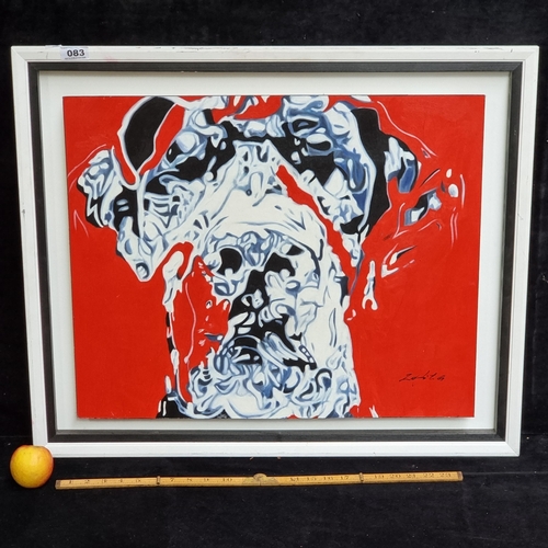 83 - Large framed abstract dog on acrylic on board. Signed by artists in bottom right, Zolita. Very strik... 