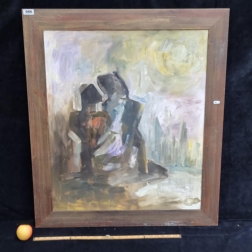 86 - Large original oil on board showing expressionist embracing couple. Signed bottom right TVS Menaka b... 