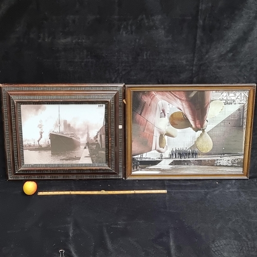 88 - two framed photographic prints showing the Titanic leaving the harbour and the propellers of the Tit... 