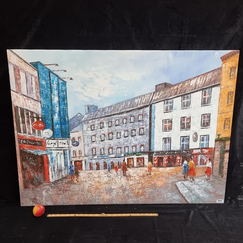 99 - Very large original oil on canvas showing Galway streets. Signed bottom right by the artist Harry T.