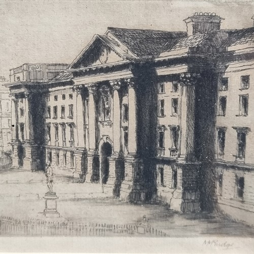 171 - Two antique framed etchings; one showing The Customs House Dublin, the other showing Trinity College... 