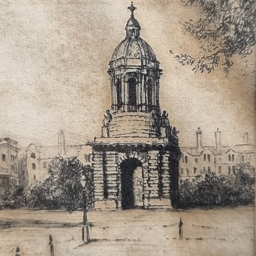 171 - Two antique framed etchings; one showing The Customs House Dublin, the other showing Trinity College... 