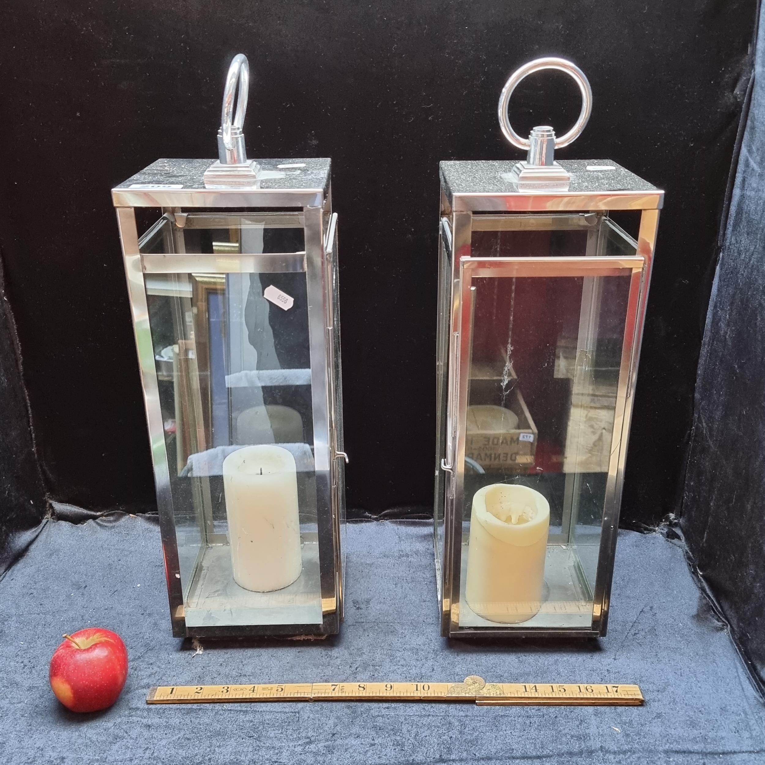 Two large chrome candle lanterns for pillar candles. Can be freestanding or  hung. Ideal for events o, image size:2500x2500