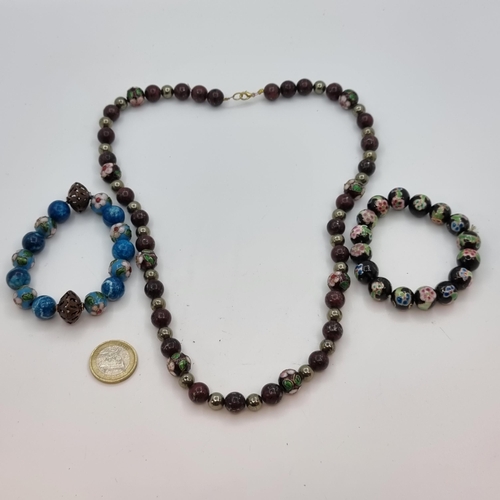 10 - Three very nice examples of cloisonné and enamel bracelets and necklace. Length of necklace 56cm. Ni... 