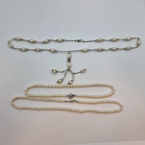 21 - Two vintage cultured pearl necklaces measuring 51 cm and 44 cm, and a pendant pearl necklace measuri... 