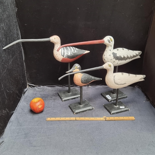 241 - Four Wooden Bird Figures,  With Long beaks  Hand painted. Very decorative.