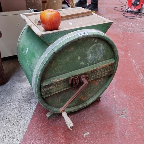 242 - A large, vintage wooden table-top butter churn. With cast-metal hand crank and lid.