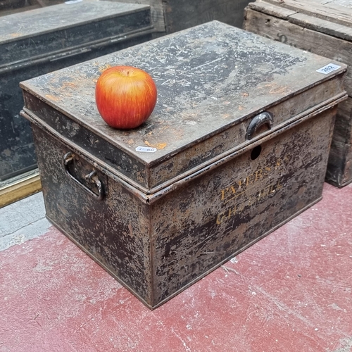 262 - A vintage metal deed box with cup and swinging handles marked ''Papers & Co G.H & L. Hill.''