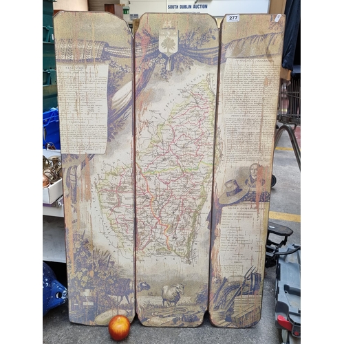 277 - A three-panelled wooden wall-hanging printed with antique style map and imagery.