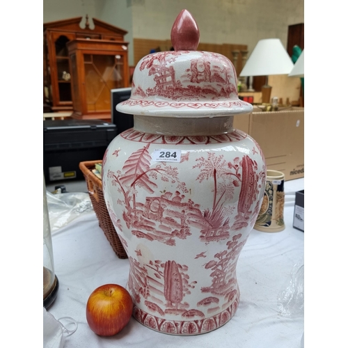 284 - Very large ceramic Temple jar with beautiful garden scenes hand painted in red glaze, from design in... 