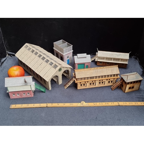 305 - Box filled with model train set dioramas , including a station etc