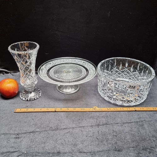 312 - Glass cake stand with heavy crystal glass and Marquis by Waterford bowl.