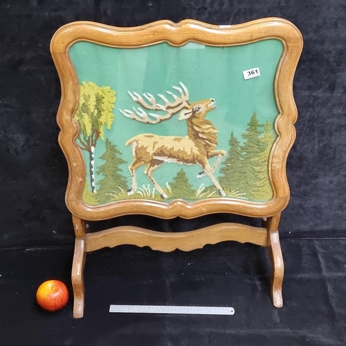 361 - Vintage fire screen with embroidered deer inset, converts into table.