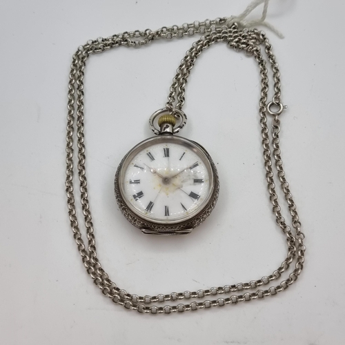 37 - A ladies sterling silver (stamped 925) pocket watch, with enamel Roman dial and embossed back. Lengt... 
