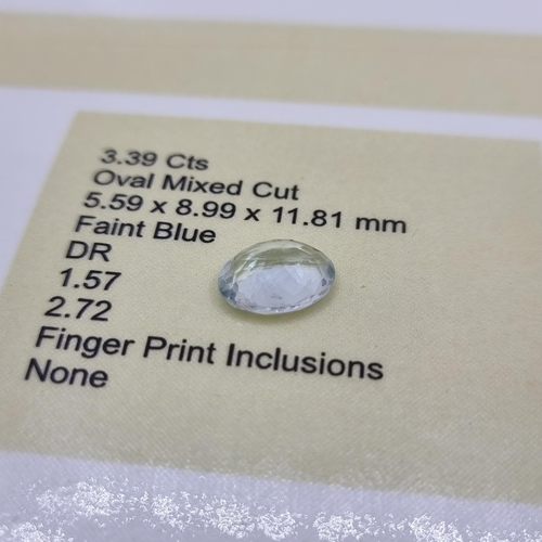 43 - A super pretty bright example of a cabachon aquamarine oval mixed cut stone. Weight 3.39 carats. Com... 