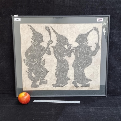 54 - Large framed artwork on handmade paper showing three Indonesian musicians. Mm: 65 cm x 57 cm
